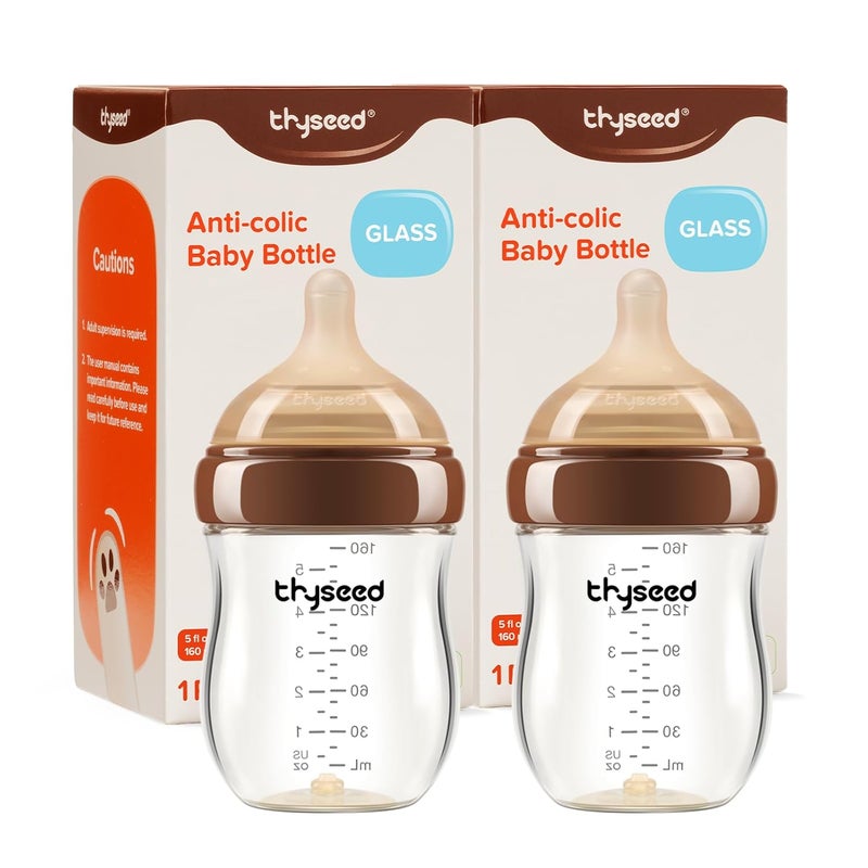 thyseed Glass Natural Anti-Colic Baby Bottles | Newborn Breast Like Nursing Bottle for Breastfed Babies with Nipple(1-2 Months),5oz,2 Pack - Image 1